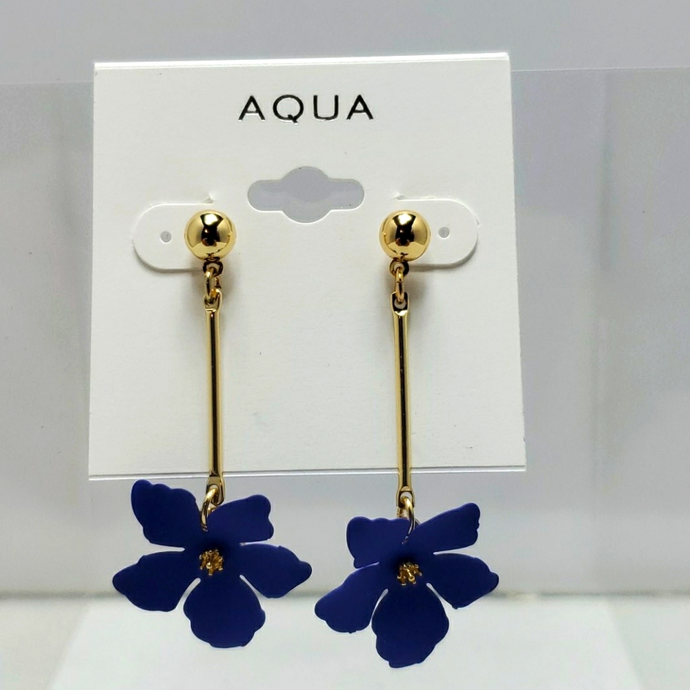 Aqua blue flower with gold dangle earrings